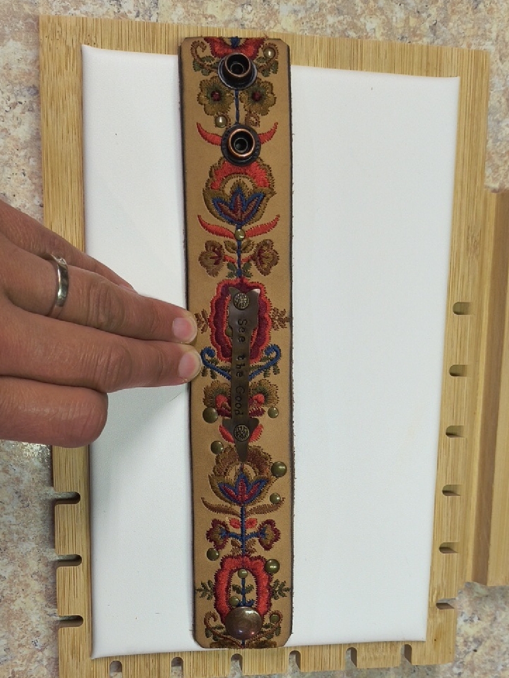 Embroidered Tan Leather Bracelet with Colorful Floral Design TANDY Snaps